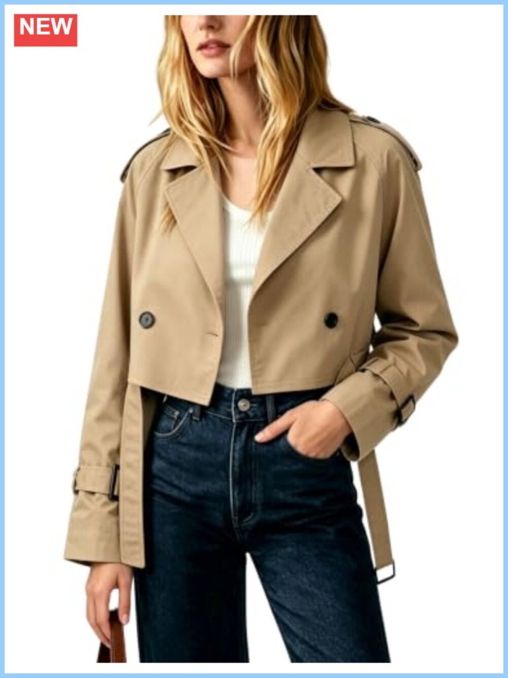 Women's Cropped Trench Coat Double Breasted Short Jacket Lapel Collar Belted
